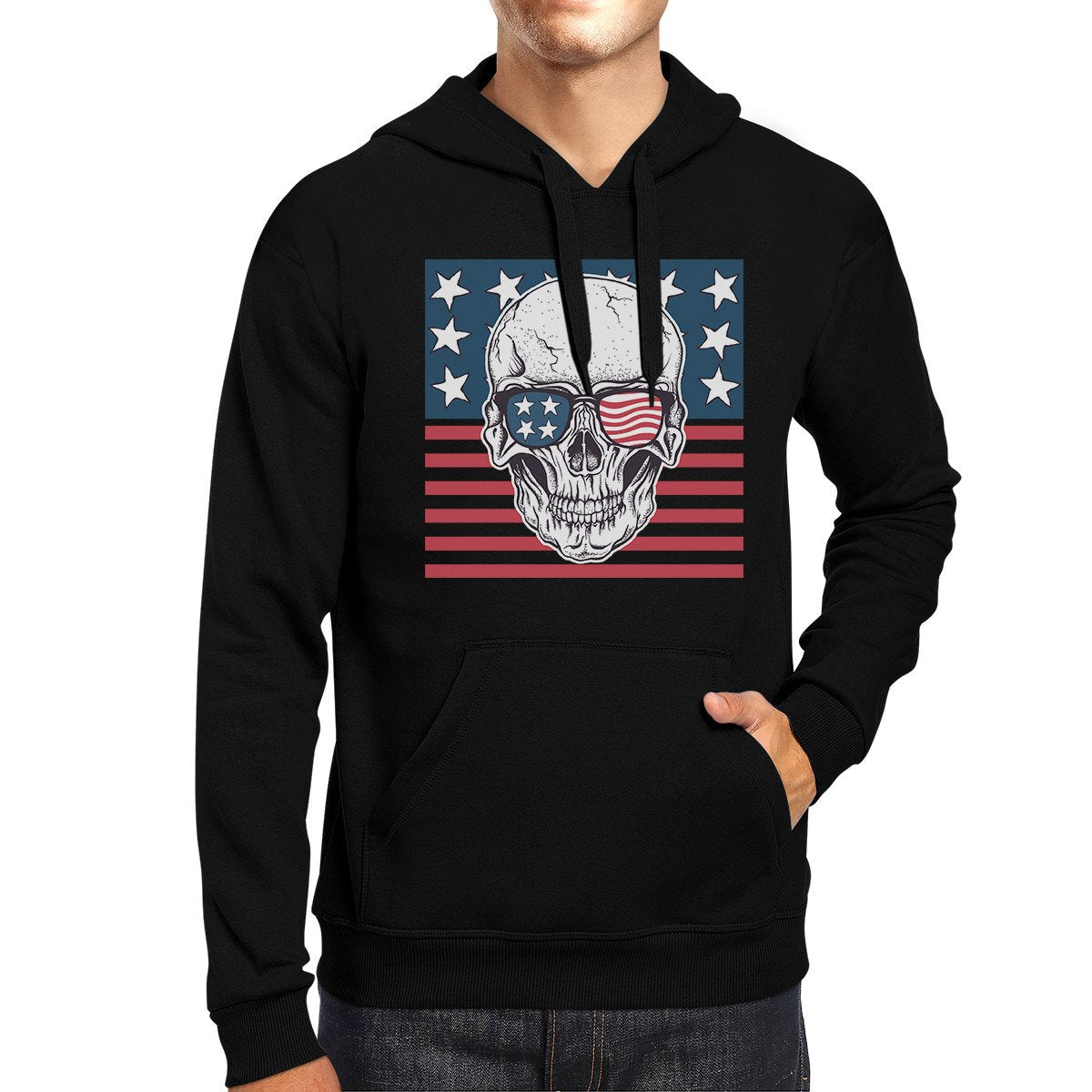 Skull American Flag Unisex Black Hoodie Round Neck Pullover Fleece