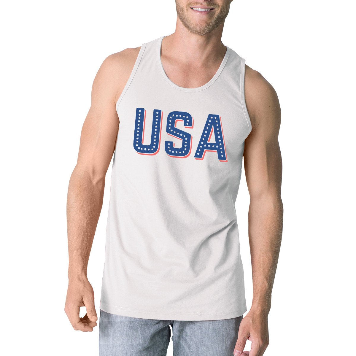 USA With Stars Mens White Graphic Tank Top Cute 4th Of July Tanks