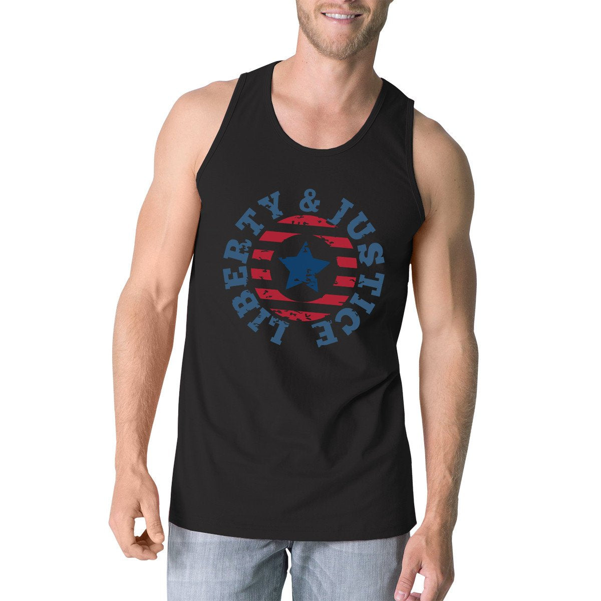 Liberty &amp; Justice Black Sleeveless Tee 4th Of July Tank Top For Men