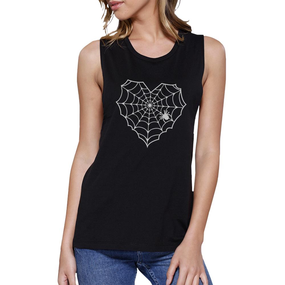 Heart Spider Web Womens Black Muscle Top
