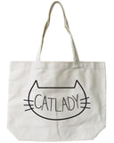 Women's Cat Lady Natural Canvas Tote Bag- 100% Cotton 18.5x14.25 inches