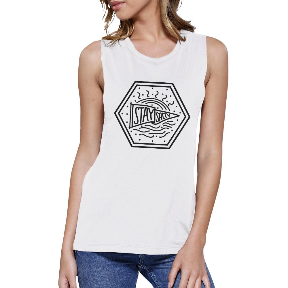 Stay Salty Womens White Sleeveless Top Cotton Summer Muscle Tee