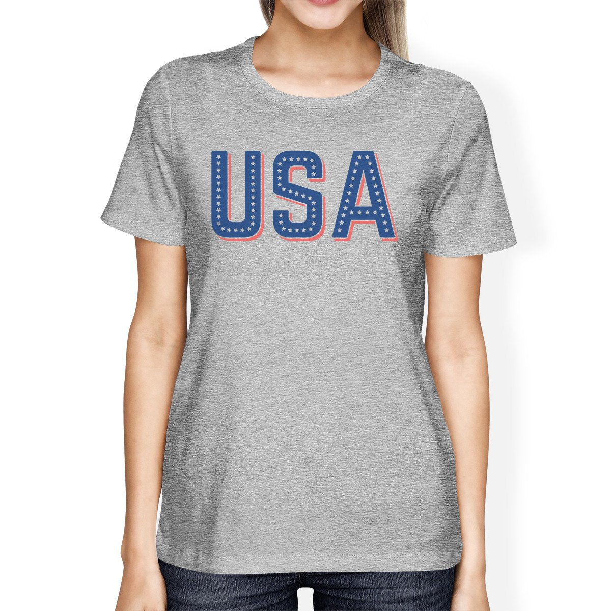 USA With Stars Unique USA Letter Printed Womens Short Sleeve Shirt