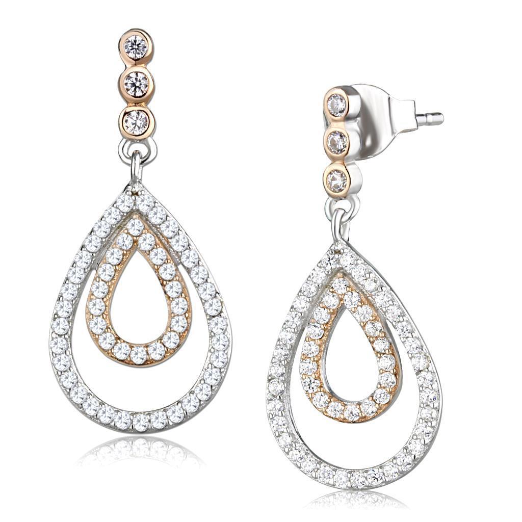 TS548 - Rose Gold + Rhodium 925 Sterling Silver Earrings with AAA Grade CZ  in Clear