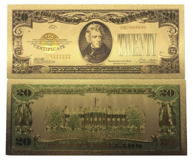 New 20 Dollar Bill 24k Gold Art Collectibles Plated Fake Banknote Currency for Decoration